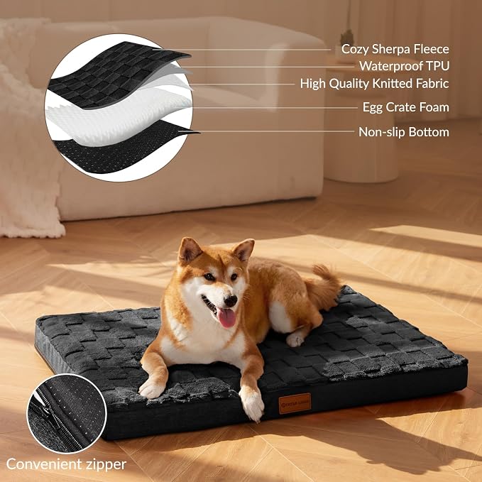 Patas Lague Orthopedic Large Dog Bed Washable Pet Crate Mat 48''X30'' Black | Egg-Crate Foam Dog Couch For Large Sized Dogs, Waterproof Removable Cover, Soft Pet Bed With Nonskid Bottom