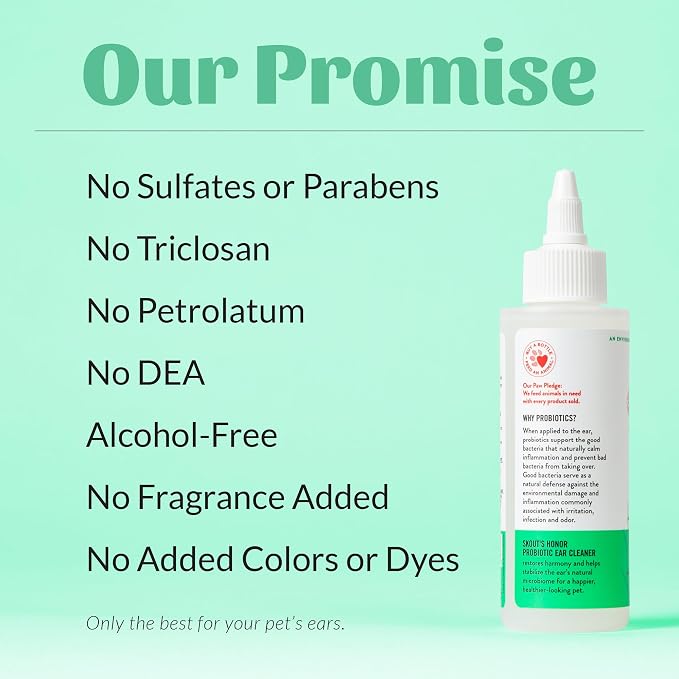 SKOUT'S HONOR Probiotic Dog Ear Cleaner, 4 oz | Non-Medicated Gentle Ear Cleaning Solution for Itchy Ears, Microbiome-Friendly with Aloe Vera, Alcohol-Free, Unscented