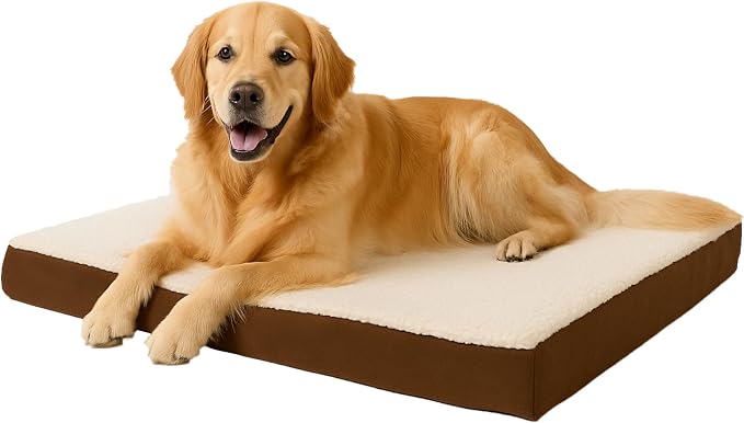 Orthopedic Dog Bed - 2-Layer Memory Foam Crate Mat with Machine Washable Sherpa Cover - 36x27 Pet Bed for Large Dogs Up to 65lbs by PETMAKER (Brown)