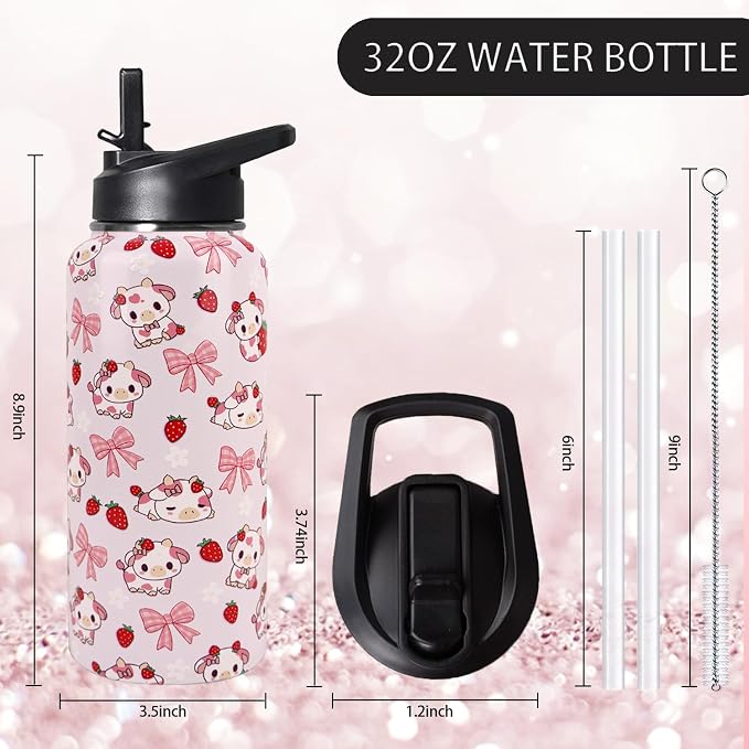 32oz Strawberry Cow Stainless Insulated Aater Water Bottle with Straw Gym Hiking Sports Coffee Mug Cup Water Bottles,Penguin Gifts for Women,Strawberry Cow Decor Stuff Accessories