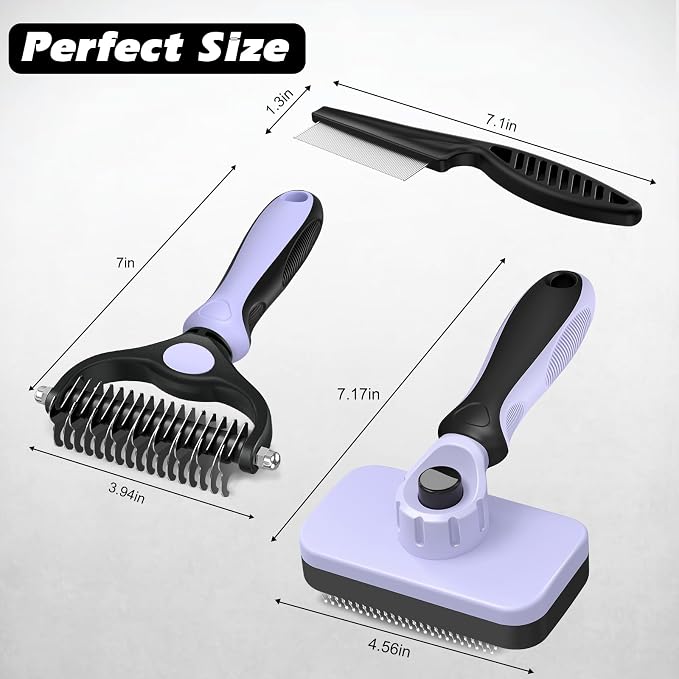 Professional 3PCS Self Cleaning Slicker Brush & Pet Grooming Rake & Flea Comb for Dogs,Cats and Horses | Double-Sided Dematting Comb & Skin Friendly Deshedding Grooming Tool (Light Purple)