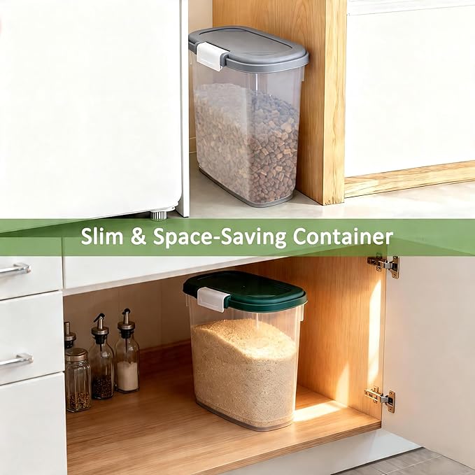 Rice Storage Container 15-20 Lbs, Tall Flour Bin Container with Scoop, Cup | Slim Dry Food Container Storage Bin for Cereal, Sugar, Beans, Pet, Dog, Cat Food, Kitchen and Pantry Storage Organization