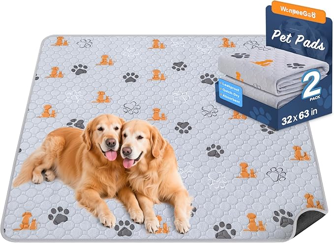 WanpeeGoo Washable Pee Pads for Dogs, Waterproof, 32 x 63 in, 2 Pack, Orng | Super Absorbent, Waterproof and Non-Slip; Washable, Reusable Dog Pads for Crates, Playpens, Floors, Furniture and Travel