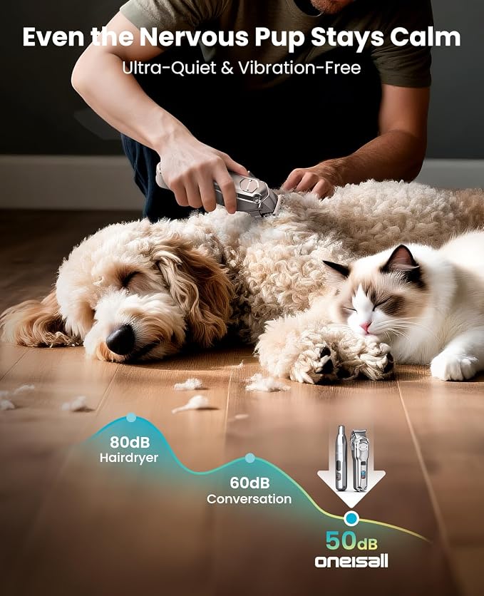 oneisall Dog Clippers for Grooming Thick/Matted Hair, 4-in-1 Grooming Kit | Detachable Stainless Steel Blade, Powerful Motor, IPX6 Waterproof, Low Noise, Paw Trimmer and Nail Grinder, 9 Guide Combs