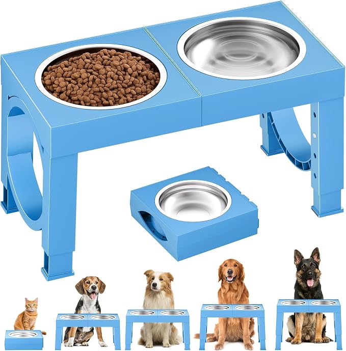 XIAZ Elevated Dog Bowls Large Breed Raised Dogs Bowl Stand Large/Medium Sized Dog Stainless Steel Food Water Bowl Stands 5 Heights Adjustable 9/11/12/15in Pet Feeder Dish Station