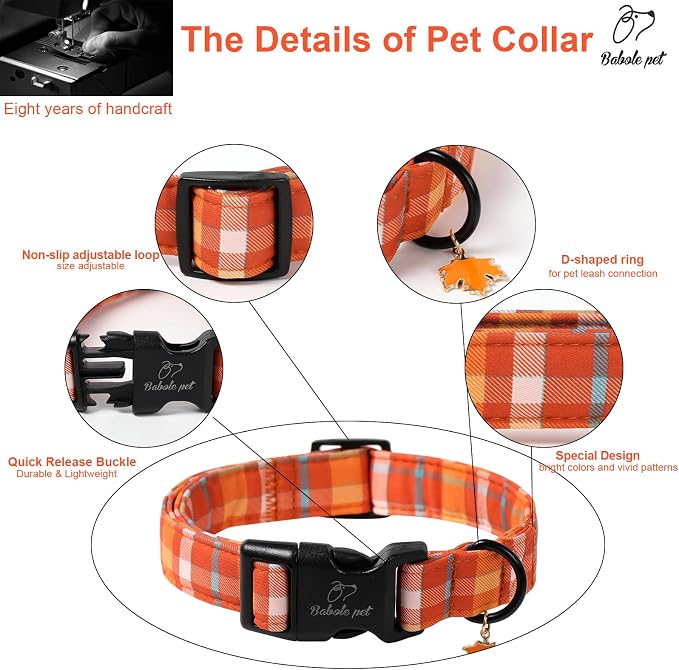 Fall Dog Collar Cute Orange Plaid Puppy Collar - Light Comfortable Adjustable Pet Collars for Small Medium Large Girl Boy Dogs XS