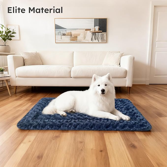Dog Bed Mat, Dual-Sided Dog Crate Bed Mat - Ultra Soft & Machine Washable Kennel Pad for Large Dogs, All-Season Comfort Pet Bed for Crates, Travel, and Home, Dark Blue 35 x 23 Inch