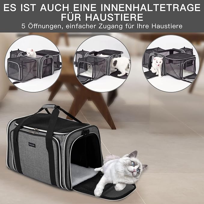 BAGLHER Expandable Cat Carrier with Travel Litter Box, Pet Travel 5 Sides Open Doors 3 Sides, Leak-Proof and Collapsible, for Car, Airplane Trip, Grey
