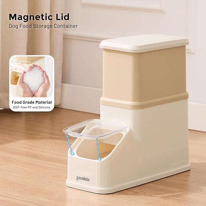 ZOMISIA 15lbs First-in, First-out Dog Food Storage Container | FIFO System Easy Dispense Base for Freshness, Cat Food Storage Containers with Transparent Lid and Scoop