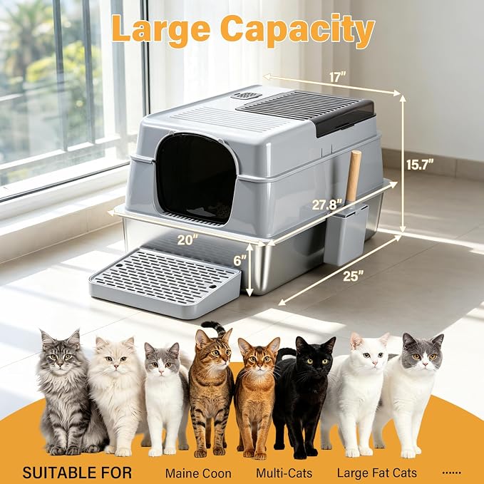 XXXL Stainless Steel Litter Box with Lid, Enclosed Metal Cat Litter Box | Extra Large Litter Boxes for Big Cat, Multiple Cats,Odor Control,Anti-Leakage, Includes Scoop & Pedal,27.75 x 19.75x 15.7