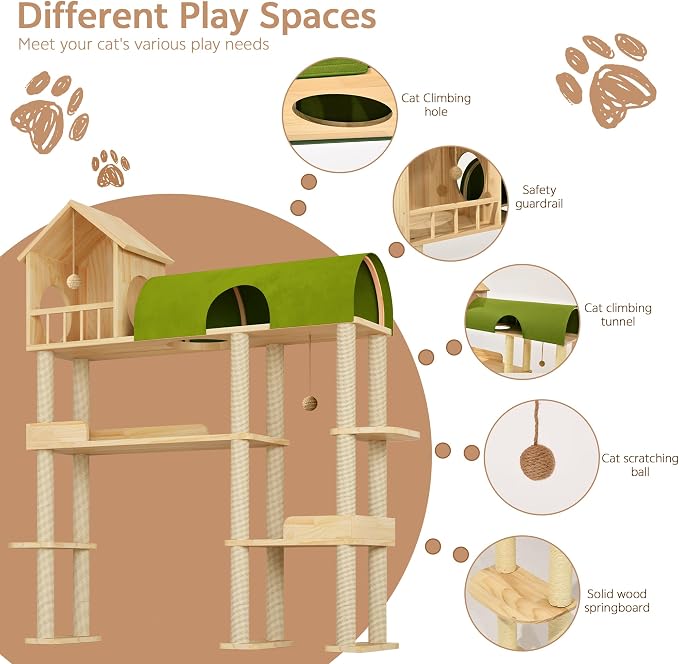 60'' Cat Tree for Automatic Litter Box, for Heavy Cats up to 22lbs | Solid Wood Large Cat Tower with Tunnel & House, Space-Saving for Indoor Multi-Pet Households, Stops Furniture Scratching