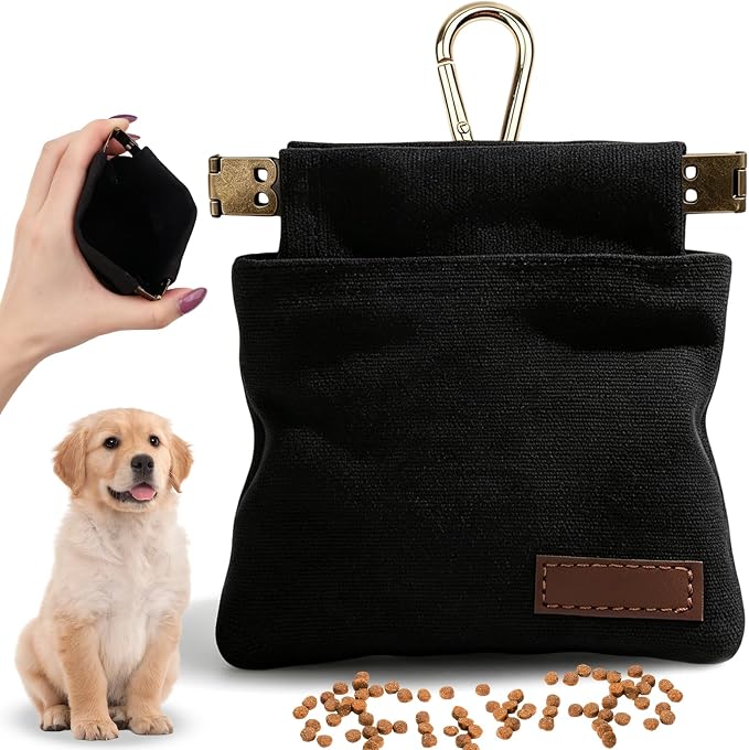Dog Treat Pouch for Pet Training Portable Puppy Walking Bag, Black 12X12cm | Auto Closing Dog Treat Pouches for Pet Training, Hands-Free Walking Experience with Clip for Outdoor Walking & Puppy Travel