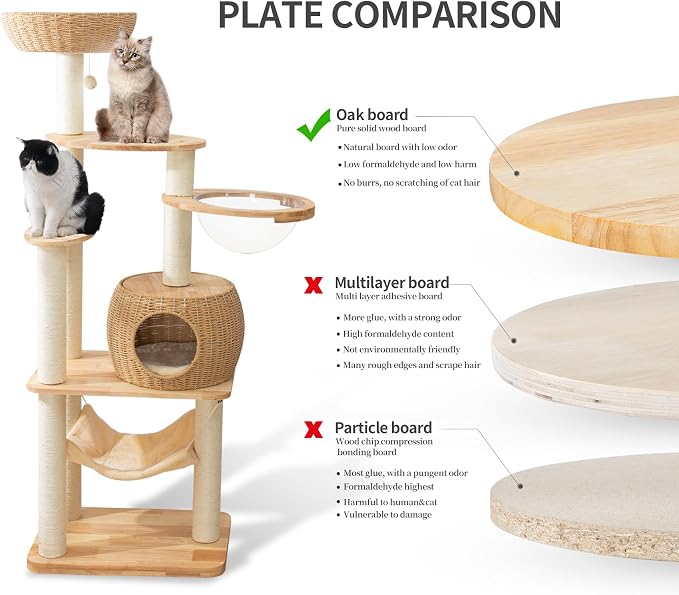 59-Inch Modern Cat Tree Tower for Large Indoor Cats, Handwoven Basket Condo | Stable multi-level structure, reinforced base, 8 cm sisal posts, clear space capsule, hammock, washable cooling & plush mats
