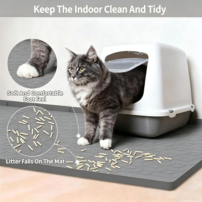 Large Silicone Cat Litter Mat 34*22Inch, Waterproof Washable Kitty Pad | Urineproof Litter Trapping Mat For Cat Easy to Clean Non-Slip Soft On Kitty Paws Protects Floors Mat For Washing Machine