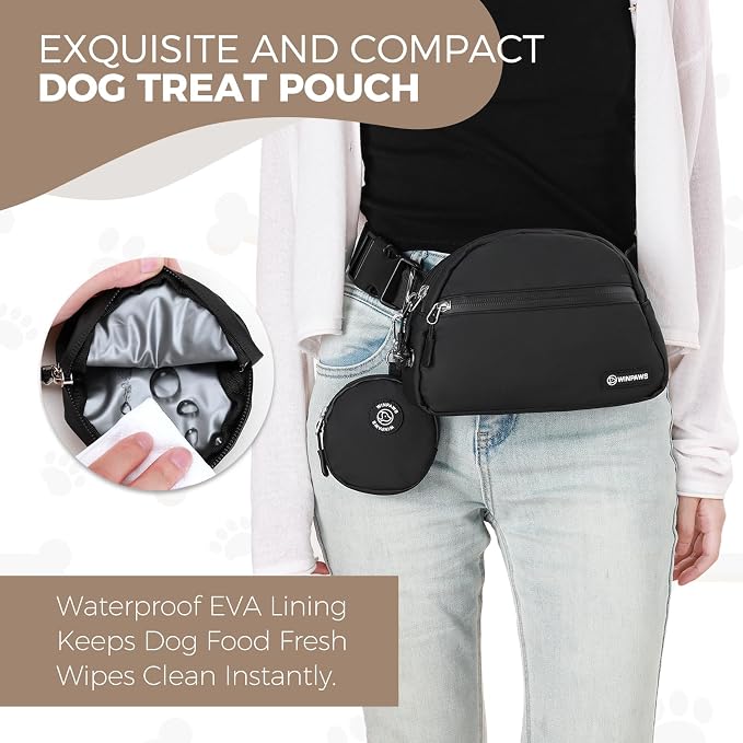 Dog Treat Pouch Pet Training Walking Fanny Pack with Built-in Poop Bag Dispenser & Waste Bag Holder | Stylish Puppy Training Essentials Supplies | Free Dog Clicker (Black)
