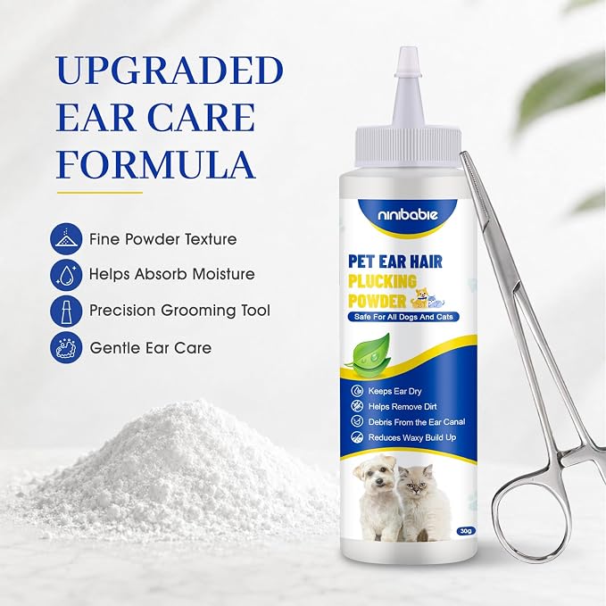 Upgraded Dog Ear Powder with 5.5 Inch Hair Removal Tool | Pet Ear Grooming Cleaner | Ear Wax Remover | Supports Fresh-Feeling Ears | Absorbs Moisture