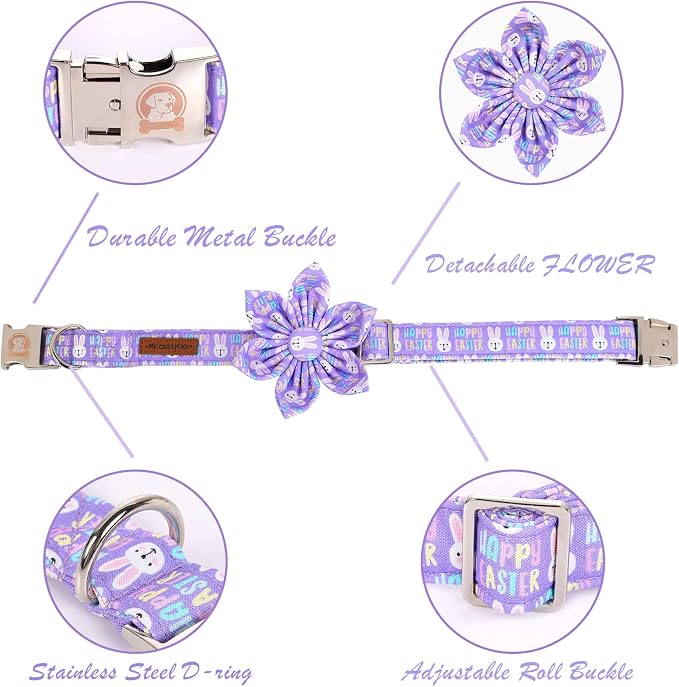 ·MR. CHUBBYFACE· Easter Dog Collar, Purple Rabbit Pet Collar with Flower, Adjustable Puppy Collar Bowtie for Small Medium Large Dogs