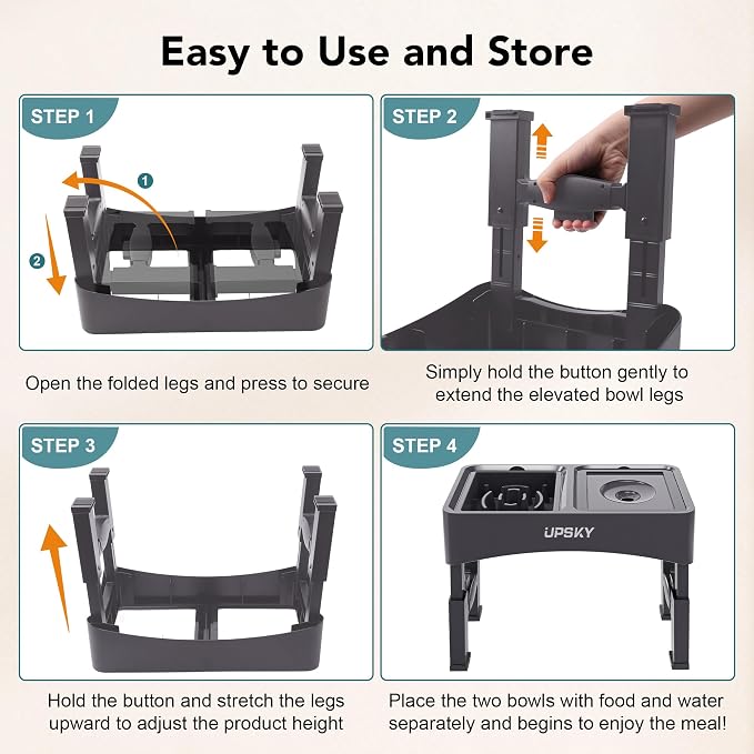 UPSKY 2-in-1 Elevated Dog Bowls Set with 4 Height Adjustable Stand, Gray | No Spill Water Bowl, Slow Food Bowl, No-Splash, Anti-Slip, Dishwasher Safe, Folding Design, Suitable for Small Medium Dogs