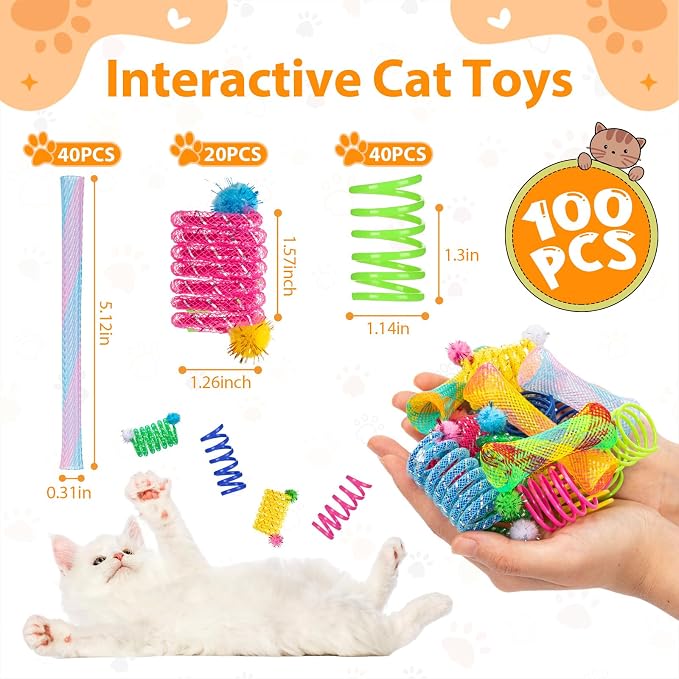 100 Pcs Cat Springs Toys Pack for Indoor Kitten Colorful Cat Supplies Include Interactive Plastic Coil Spiral Spring Rolling Mesh Tubes for Kitten Stray Cats to Bouncing Play Hunt