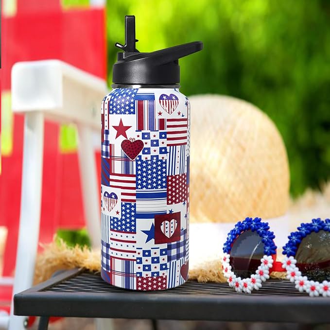 32oz American Flag Flip Stainless Insulated Aater Water Bottle with Straw,4th of July Gym Hiking Sports Coffee Mug Cup Water Bottles,Patriotic Military Gifts For Veterans, Police
