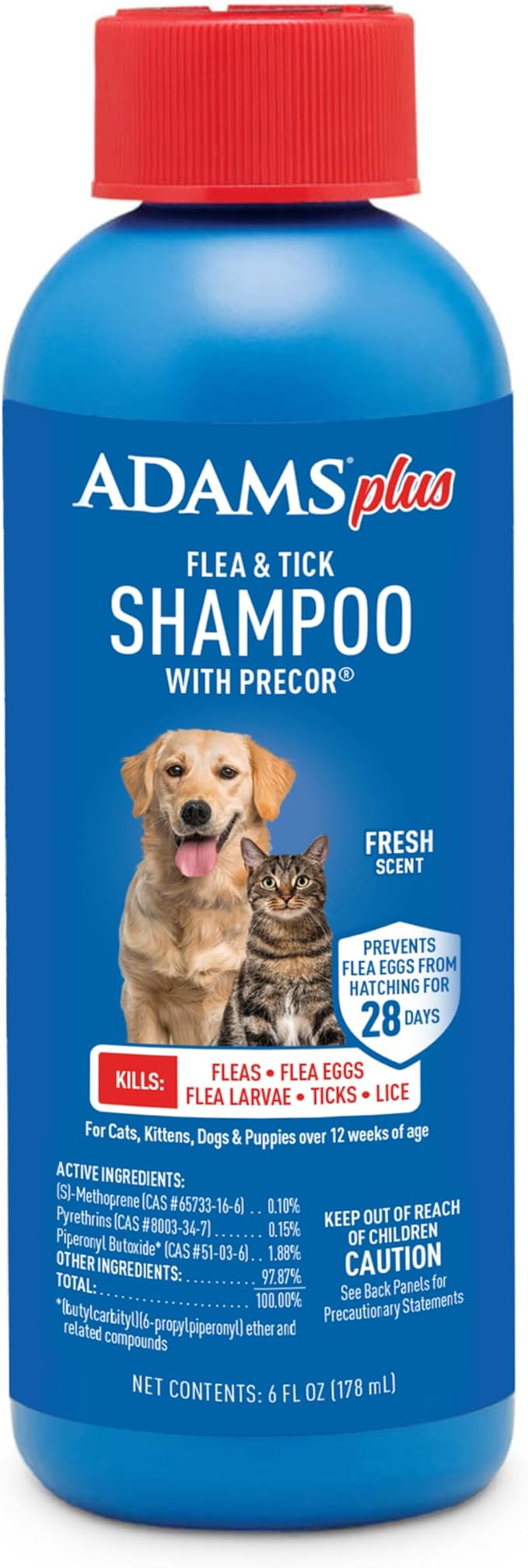 ADAMS Plus Flea & Tick Shampoo with Precor for Dogs, Cats, Puppies & Kittens, Flea Shampoo to Treat Infestations, Kills Ticks, Fleas, Flea Eggs & Lice, Cleans and Conditions Coat, 6 Ounces