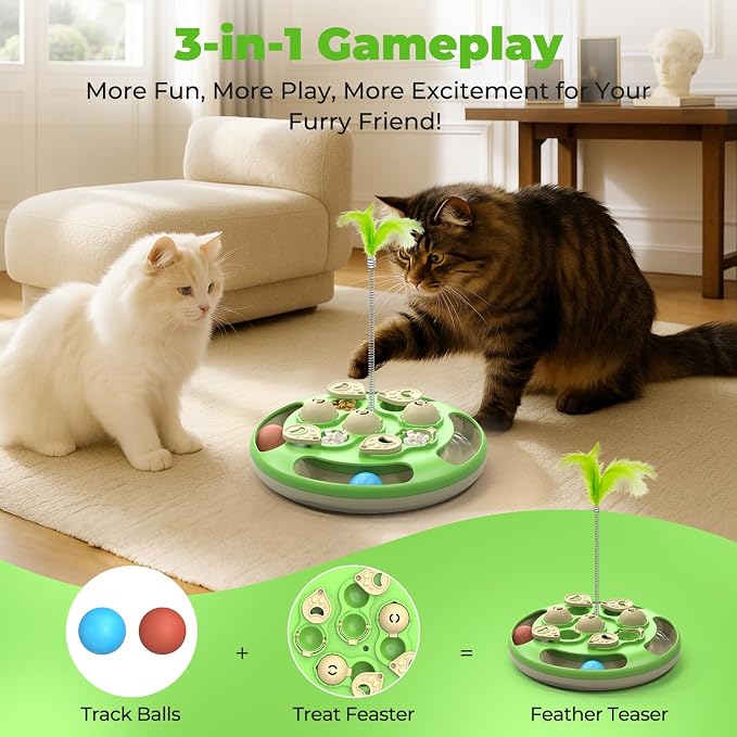 3 in 1 Cat Treat Puzzle Feeder, Level 3 Interactive Cat Puzzle Toy with Track Balls, Feather Teaser & Slow Feeder Insert, Non-Slip Base, Mental Stimulation for Bored Indoor Cats, Green
