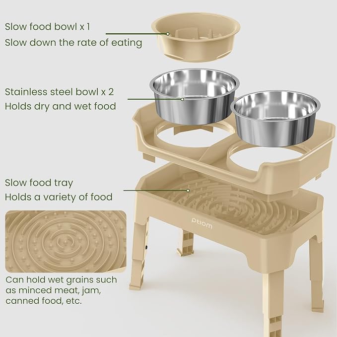 4-in-1 Elevated Dog Bowls with Adjustable Stand, Slow Feeder Licking Plate