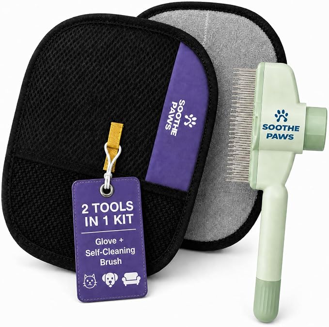Pet Hair Remover Glove for Dogs & Cats, Self-Cleaning Deshedding Brush Kit | 2-in-1: deshedding brush grooms your pet; electrostatic glove lifts pet hair from cloth couches, car seats & clothing
