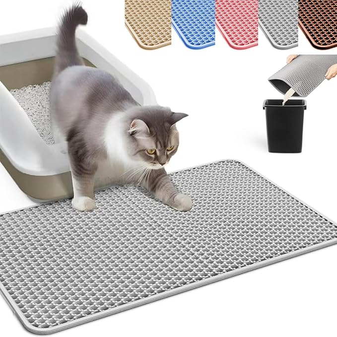 HCY&WLD Cat Litter Mat, Honeycomb Double Layer Litter Trapping Mat | Safe Materials, Soft on Paws, Waterproof Urine Proof Non-Slip, Protects Floors, Less Waste, Easy to Clean, Gray, 45" x 26"