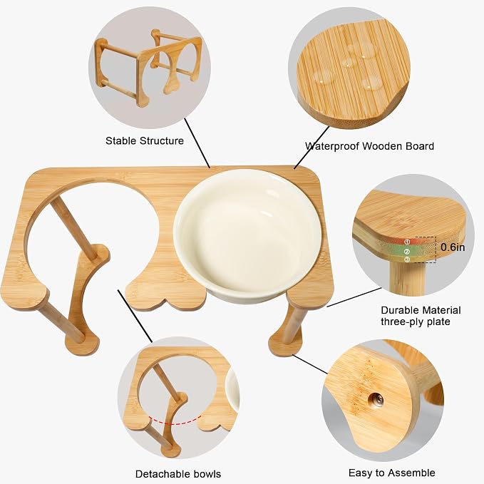 Elevated Dog Bowls for Large Dogs, Ceramic Food and Water Bowl Set, Beige | Raised Pet Feeding Dishes, 8.25" Wide Double Modern Porcelain Bowls, 11" High Wooden Stand, Non-Slip, Easy Clean, 56Oz/1600ML