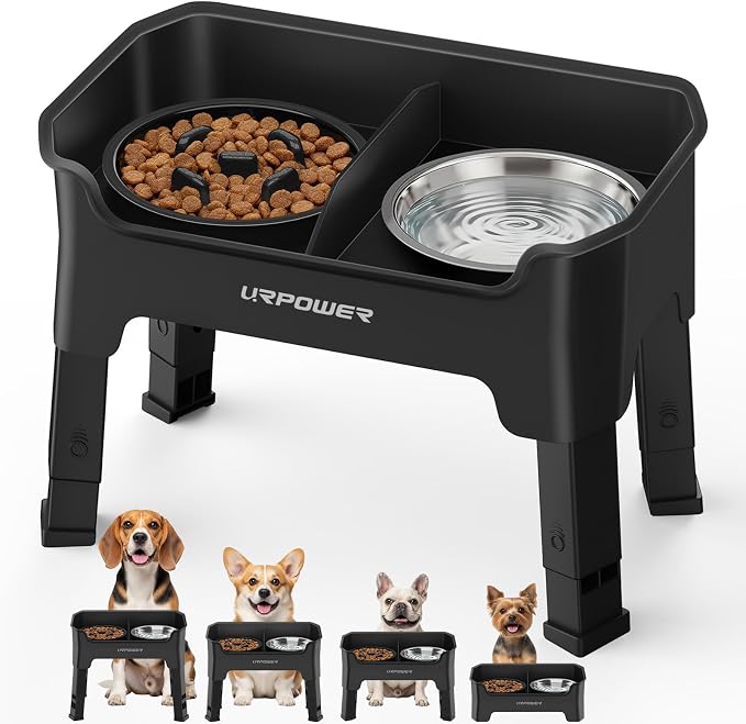 URPOWER Mess Proof Elevated Dog Bowls, High Wall Splash Guard Design, 4 Height Adjustable Raised Bowl Stand with Stainless Steel Bowl & Slow Feeder Bowl, Non-Slip Food Water Set for Small Dogs