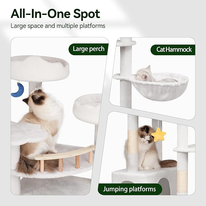 Meecal 79in Large White Cat Tree,Scratching Post,Perches,Condos & Hammocks | Sturdy Large Tower, Stable Structure for Multiple Big Cats, Heavy Duty, Scratch-Friendly ,High Weight Capacity, Tall Cat Gym