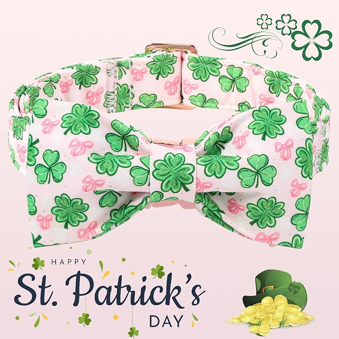 DOGWONG St. Patrick's Day Shamrock Dog Collar with Bow,Pink Green Four Leaf Clover Pattern Dog Collar, Adjustable Durable Soft Collars Irish Gift for Male Female Dogs,XL