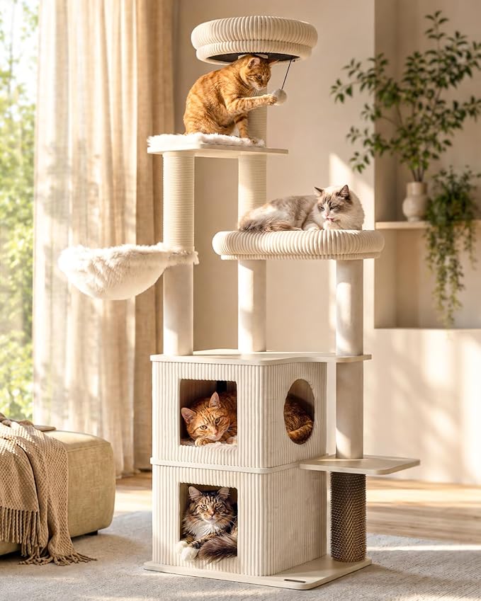 63" Heavy Duty Cat Tree, Modern Cat Tower with Double Large Condos | Modern Cat Furniture, Sturdy Cat Tree Tower, Indoor Scratching Post, Plush Top Perch, Double Cozy Cat Condo
