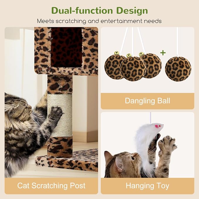Globlazer Cat Tree Tower for Multiple Adult Cats, 82in, F82, Leopard Print | XXL Tall Cat Tree Tower for Indoor Cats with Scratching Post, 3 Perches, 2 Condos, 2 Hanging Baskets
