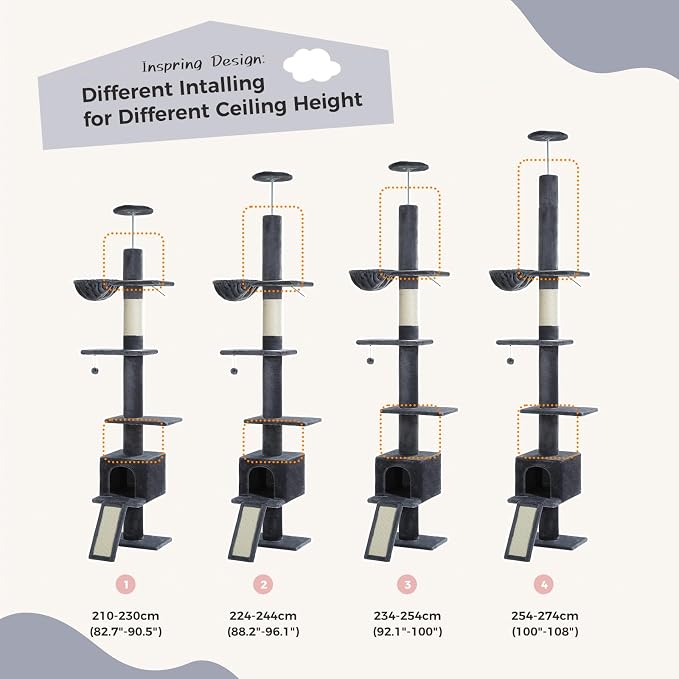 PEQULTI Floor to Ceiling Cat Tree, Adjustable 83-108in 5-Level Tower, Smoky | Tension-mounted tall cat tower with 5 levels, cozy condo, hammock & sisal scratching post; wide base for indoor adult cats
