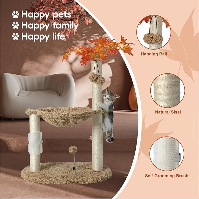 MECOOL Cat Tree Tower 32" Tall Scratching Post with Large Hammcok for Indoor Cats,Self-Massage Bursh Hanging Ball Toys,Maple,Beige