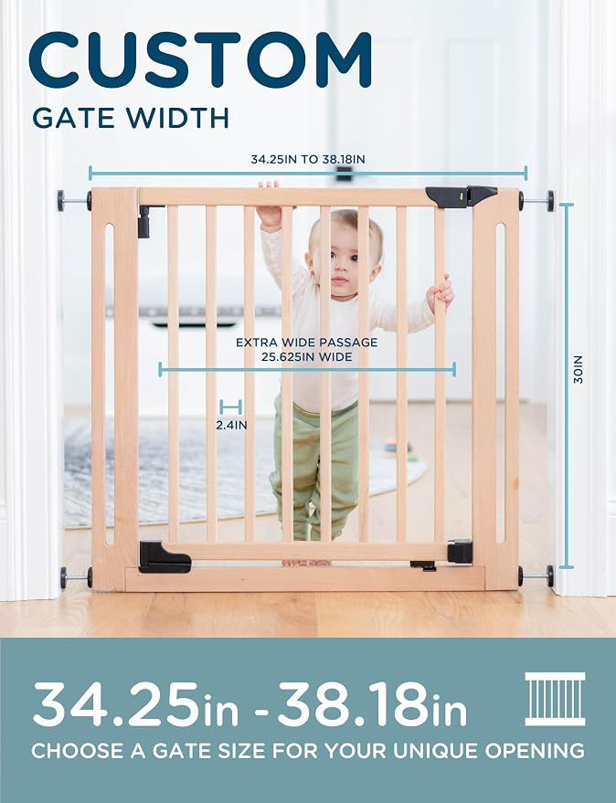 Baby Delight SizeWise™ Wood Pressure Mounted Safety Gate 34.25"-38.18" | Extra-Wide Passage | Auto-Close Two-Way Opening | Easy Installation | PEFC Certified Beech Wood (28.7" Passage)