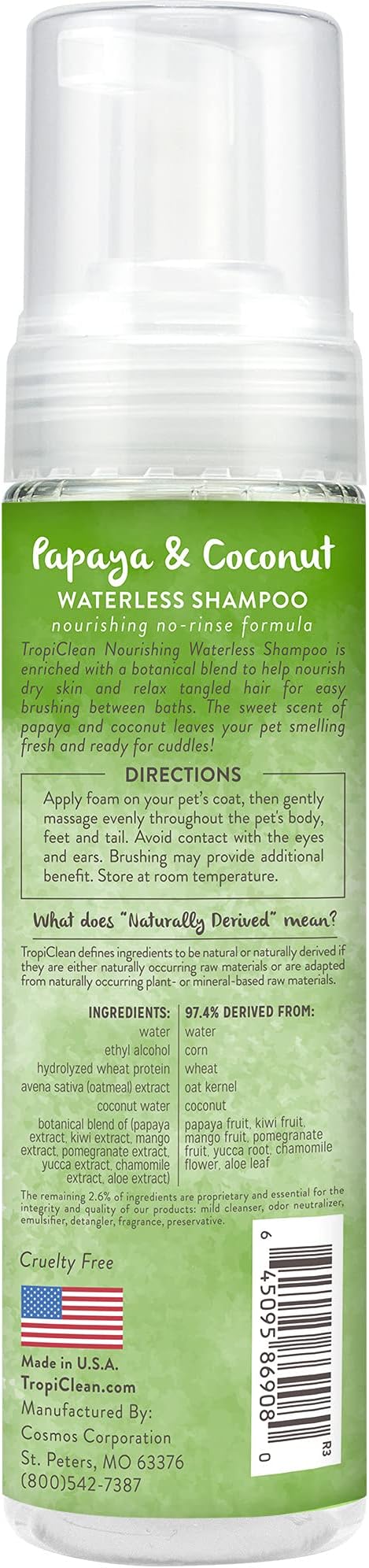 TropiClean No Rinse Waterless Dog Shampoo, Papaya & Coconut Scent, 7.4oz