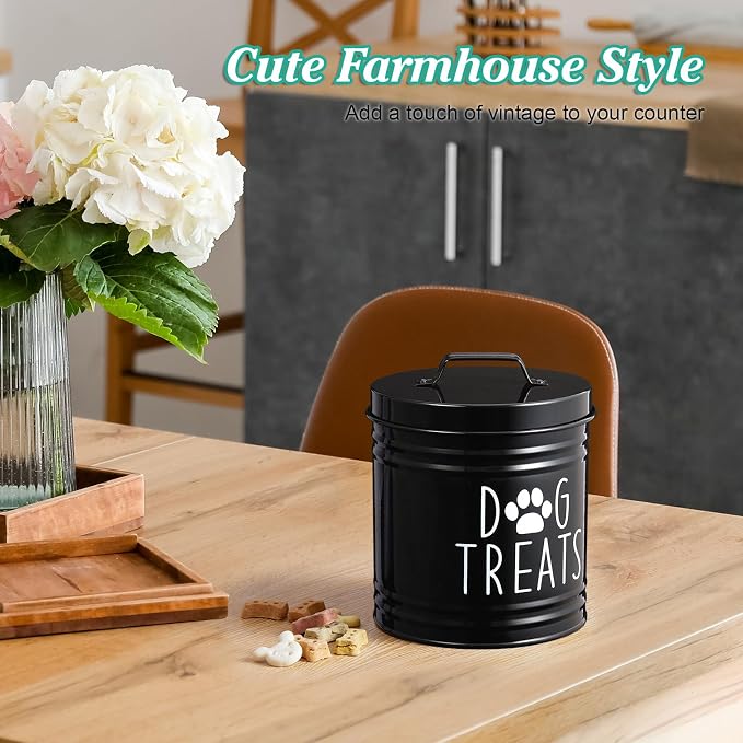 OUTNILI Large Dog Treat Container Airtight - 6.6" Tall X 6" Round Black Dog Treat Jar for Kitchen Counter - Rustic Treat Storage Canister for Dogs, Cats, Small Animals