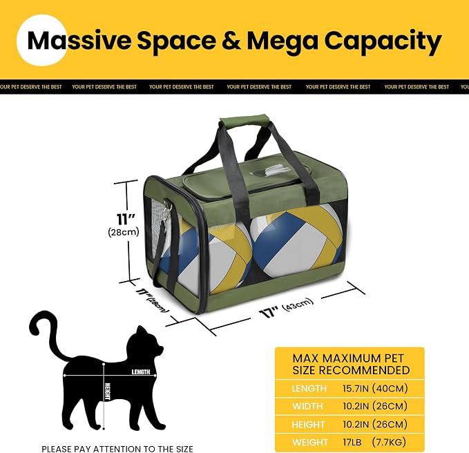 Conlun Cat Carrier Airline Approved, Soft-Sided Dog Carrier with Inner Safety Leash, Pet Transport Carrier for Small-Medium Cats Puppies up to 15 Lbs, Collapsible Travel Kitten Carrier Bag -Green M