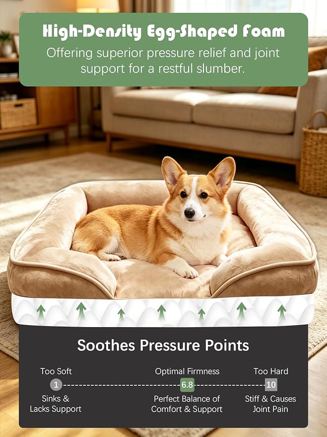 Spotted Play Orthopedic Dog Bed with Sides - Sofa Beds for Medium Dogs, Supportive Foam Pet Couch Bed with Washable Removable Cover, Waterproof Lining and Non-Slip Bottom, Brown - M