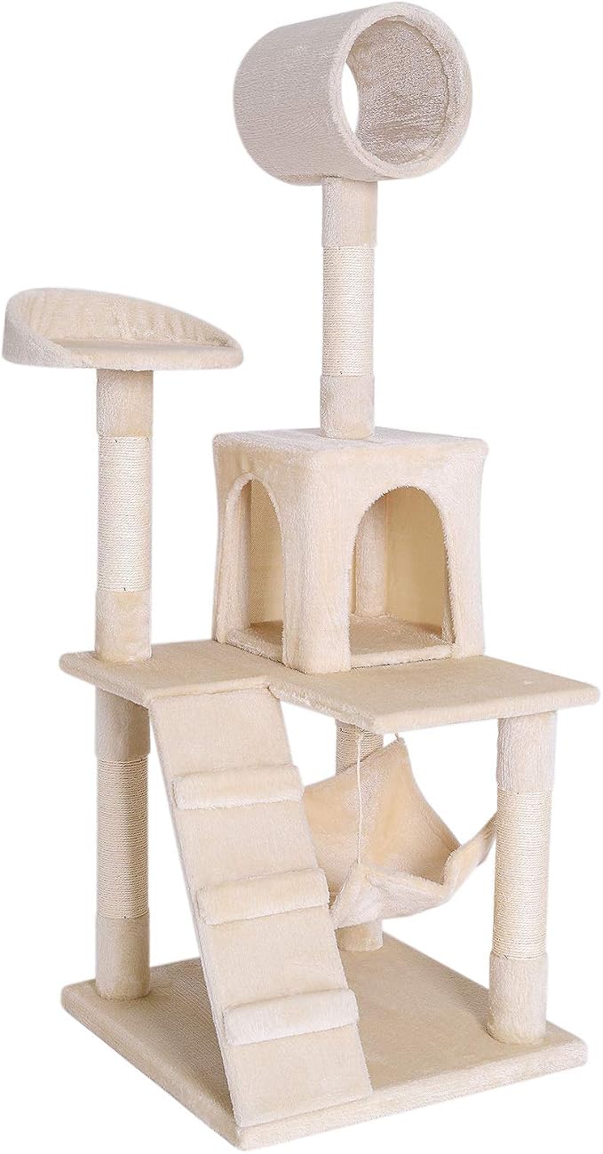 lionto Scratching Tree for Cats with Hammock & Tunnel, Height 52,4 in, cat Tree with sisal Rope & Soft Plush, Cozy Lying Areas & Caves, Suitable for Small & Large Cats, Beige