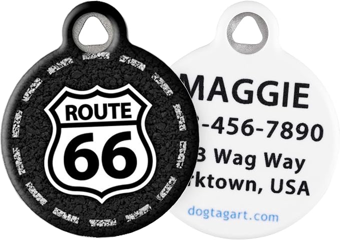 Route 66 Personalized Pet ID Tag for Dogs and Cats, Silent Polymer Coated Stainless Steel Nametag with Customized Identification Information - Large 1.25" Diameter