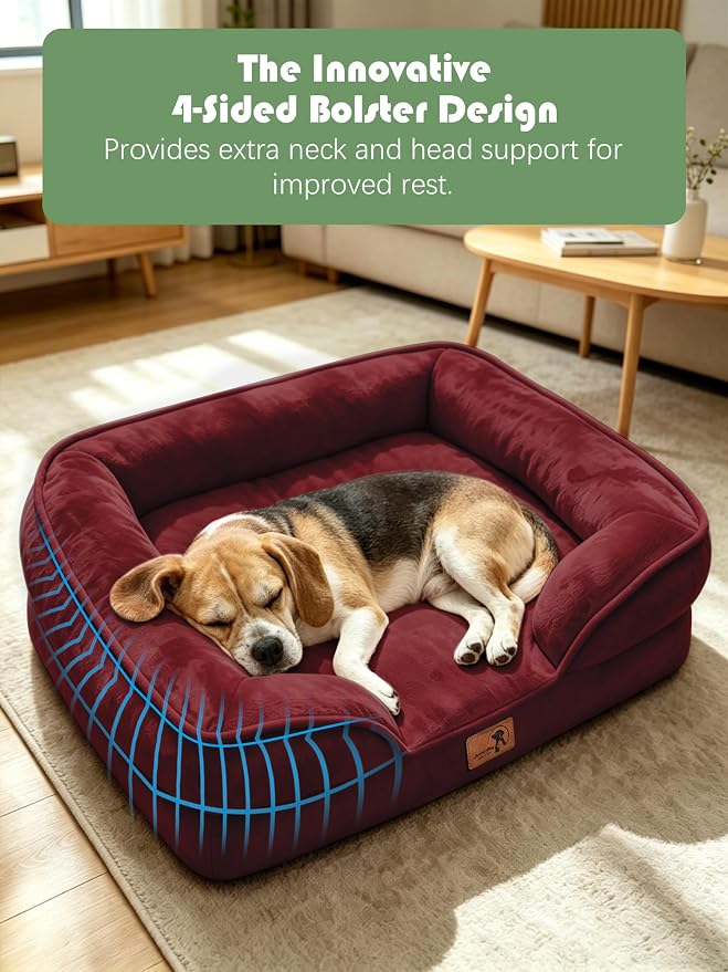 Spotted Play Orthopedic Dog Bed with Sides - Sofa Beds for Medium Dogs, Supportive Foam Pet Couch Bed with Washable Removable Cover, Waterproof Lining and Non-Slip Bottom, Burgundy - M