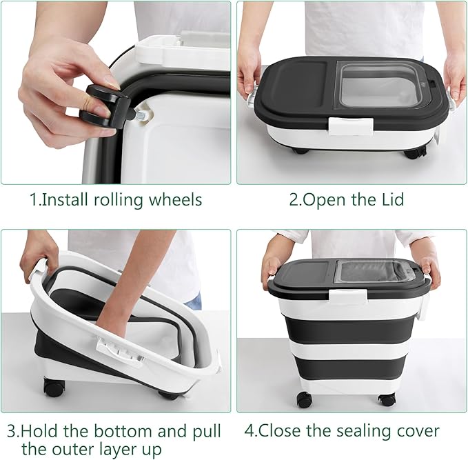 Dog Food Storage Container with Rolling Wheel and Airtight Lid, Black, 30LB | Foldable Food Storage Bins with Snap-Lid Seal to Keep Kibble, Pellets or Seeds Fresh for Dogs, Cats and Birds