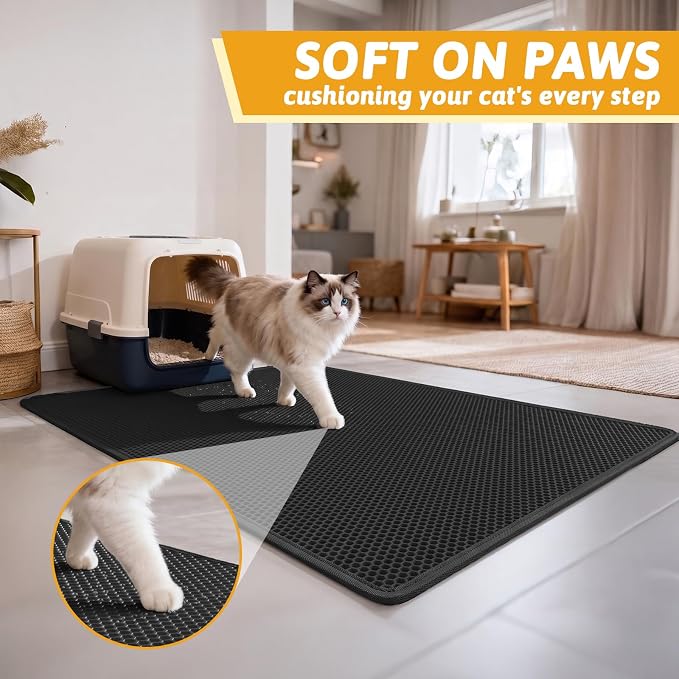 Pieviev Litter Box Mat, Double-Layer Waterproof Design, 47" x 36" Black | Honeycomb Litter Trapping Mat Captures Scattered Particles to Stop Tracking, Waterproof Base Protects Floors, Easy to Clean