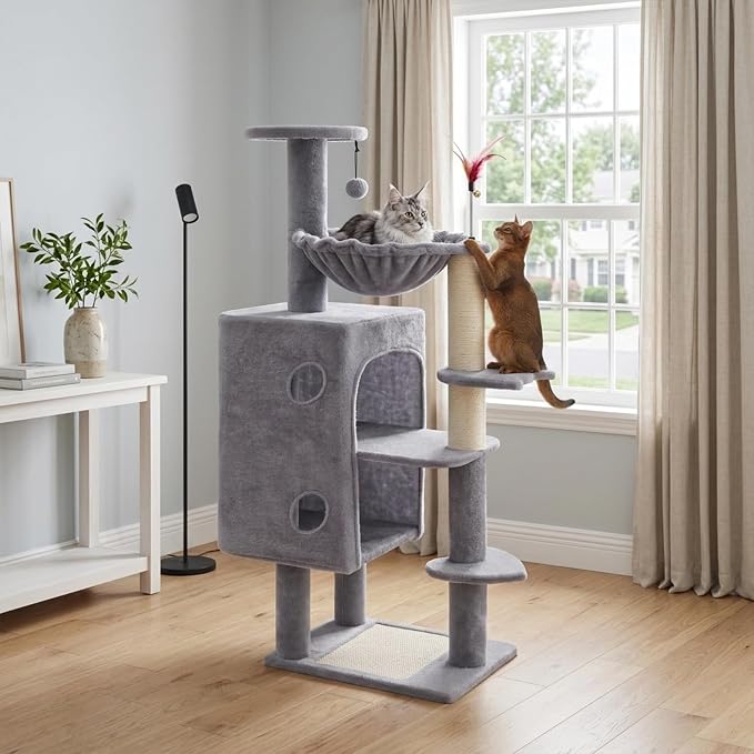 HUITREE 45in Cat Tree Tower with Big Condo for Indoor Cats,Cat Tower with Scratching Post,Scratching Board and Cat Toys,Multi-Level,Small Space,Transformer Cat Tree (338G)