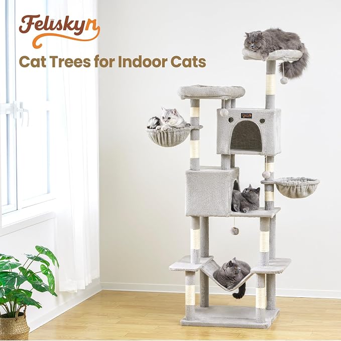 74in Cat Tree Tower for Indoor Cats, Multi-Level Design | 2 Roomy Condos, 2 Cozy Baskets, 2 Padded Perches, 9 Sisal Scratching Posts, Hammock, Hanging Toys, Wide Base, Easy Assembly