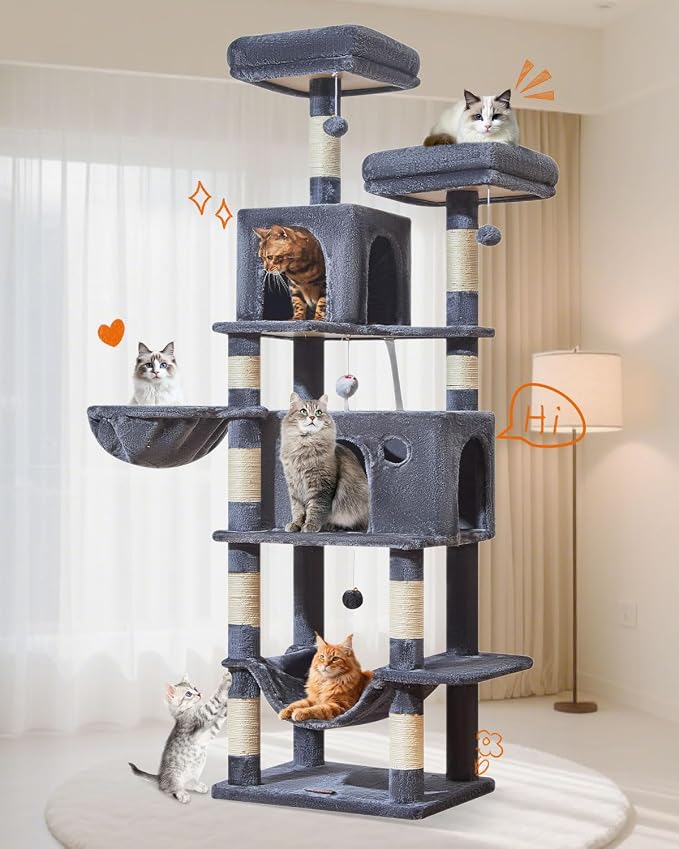 Taoqimiao Large Cat Tree, 73 in Tall Cat Tower with 2 Plush Big Cat Condos | 9 Scratching Posts, 2 Top Perches, Cozy Hammock & Basket, Indoor Cats, 2 Pompoms & Mouse Toy, Smoky Gray, MS013XLG